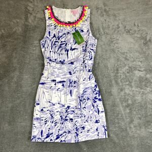 Lily Pulitzer Dress NWT Size 0 Purple Palm Print Pom Pom Trim Neckline